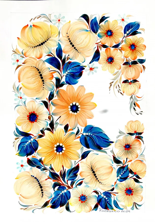 Image of The soul of Ukraine in Flowers by Tetyana Kostenko, size: 29,7х42 cm, made of gouache, PVA glue, Painting medium, part of the Flowers series, priced at $593