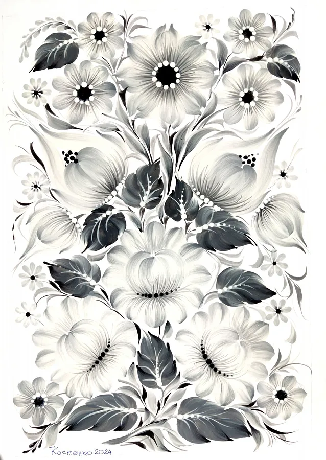 Image of Magic of Petrykivka: Painting of Twilight by Tetyana Kostenko, size: 29,7х42 cm, made of gouache, PVA glue, Painting medium, part of the Flowers series, priced at $643