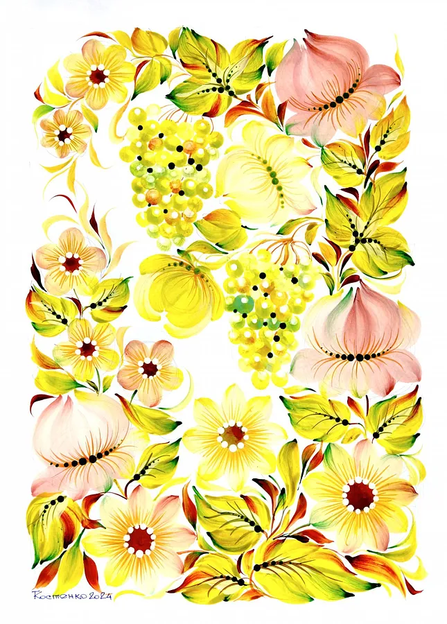 Image of Petrykiv painting by Tetyana Kostenko, size: 29,7х42 cm, made of gouache, PVA glue, Painting medium, part of the Flowers series, priced at $485