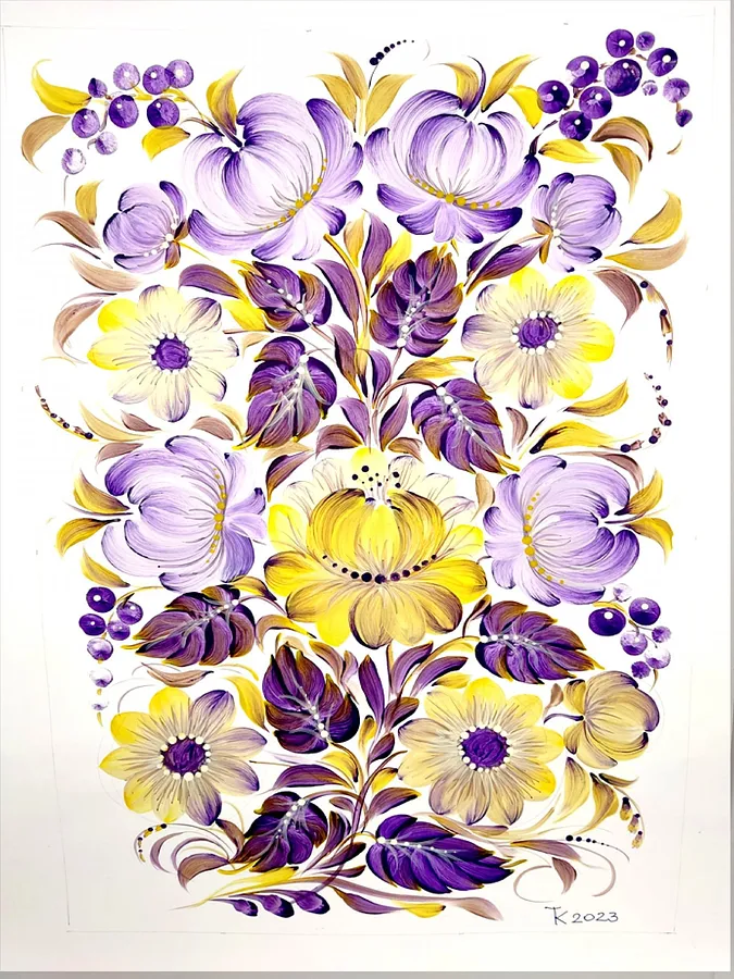 Image of Petrykiv Magic of the Flower Miracle by Tetyana Kostenko, size: 29,7х42 cm, made of gouache, PVA glue, Painting medium, part of the Flowers series, priced at $463