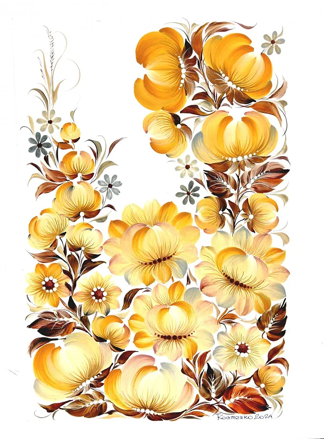 Image of Flower Charm of Ukraine by Tetyana Kostenko, size: 29,7х42 cm, made of gouache, PVA glue, Painting medium, part of the Flowers series, priced at $593