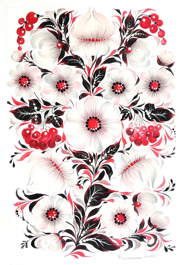Image of The family blossoms by Tetyana Kostenko, size: 29,7х42 cm, made of gouache, PVA glue, Painting medium, part of the Flowers series