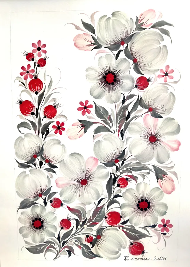 Image of Quiet Beauty by Tetyana Kostenko, size: 29,7х42 cm, made of gouache, PVA glue, Painting medium, part of the Flowers series